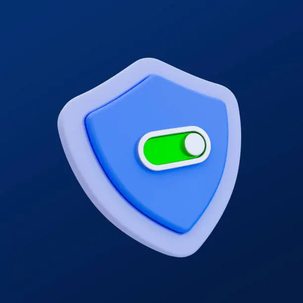 3d minimal turn-on security concept. security defending. protection activated. Shield icon with toggle button switch turn on. 3d illustration, clipping path included.