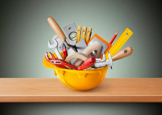 Work tools and hard hat stock photo