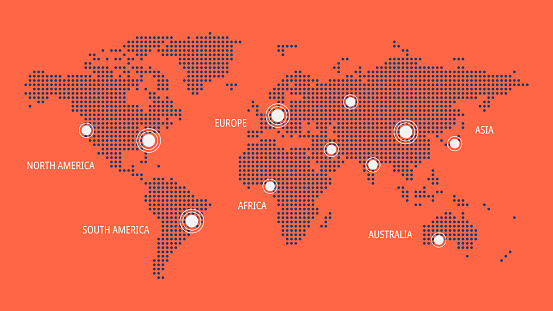 Vector world map with pointers. North, South America, Europe, Asia, Africa, Australia. Illustration for infographics, web, page, global business, communication, travel, destinations