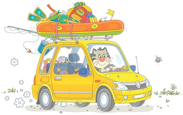 Vector illustration of Funny cat fisherman going fishing in its car