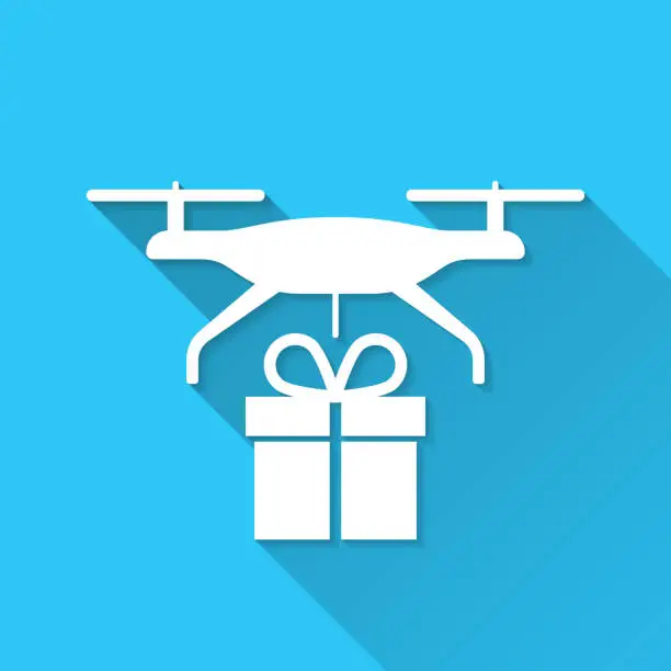 Vector illustration of Delivery drone with gift. Icon on blue background - Flat Design with Long Shadow