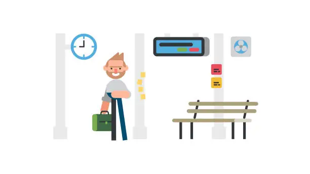 Vector illustration of Man standing subway station on time schedule vector stock illustration