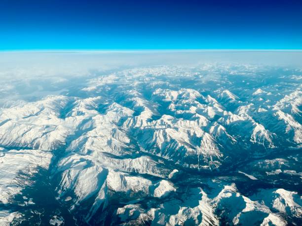 Aerial photo of Canadian Rocky Mountains with lake Maligne, Jasper Banff Whistler stock photo
