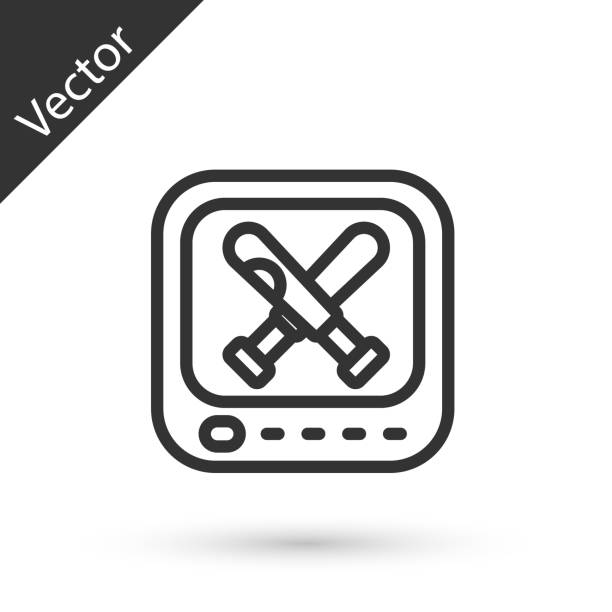Grey line Monitor with baseball ball and bat on the screen icon isolated on white background. Online baseball game. Vector Grey line Monitor with baseball ball and bat on the screen icon isolated on white background. Online baseball game. Vector. baseball-scorecard stock illustrations