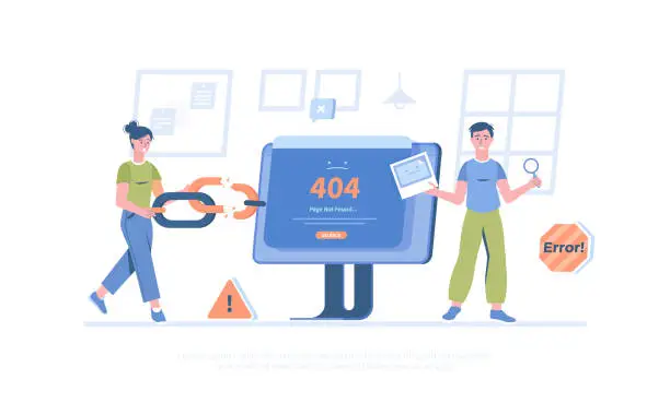 Vector illustration of Error - Page not found 404, Go back. Link to empty non existent page. Broken link. Cartoon modern flat vector illustration for banner, website design, landing page.