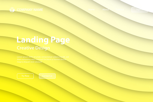 Landing page template for your website. Modern and trendy background. Fluid abstract design with wave shapes and beautiful color gradient in a paper cut style. This illustration can be used for your design, with space for your text (colors used: White, Yellow). Vector Illustration (EPS file, well layered and grouped), wide format (3:2). Easy to edit, manipulate, resize or colorize. Vector and Jpeg file of different sizes.