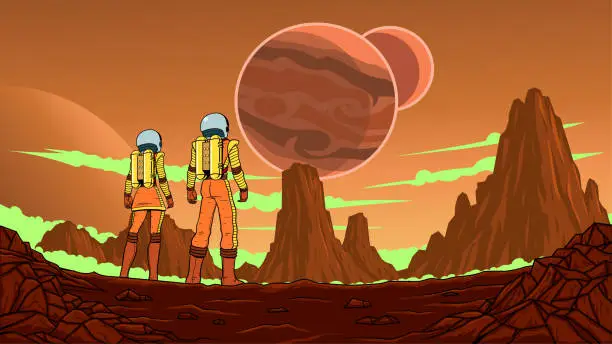 Vector illustration of Vector Sci-fi Astronaut Team Exploring a New Red Planet Stock Illustration