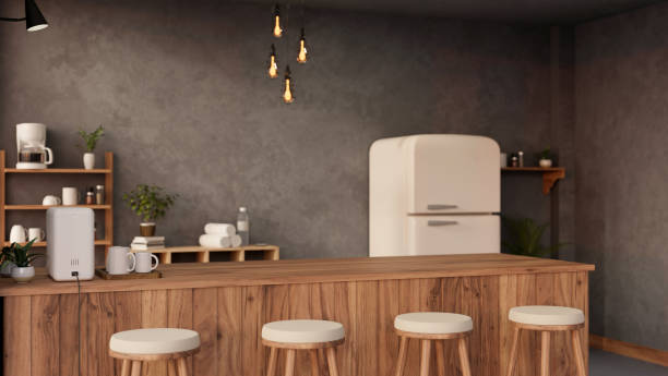 istock Empty mockup space on wooden counter bar in modern loft kitchen or snack bar interior design 1477716614