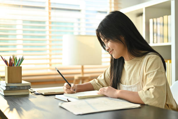 Image of smiling asian teenage student, doing homework, writing task, taking notes on desk at home. stock photo