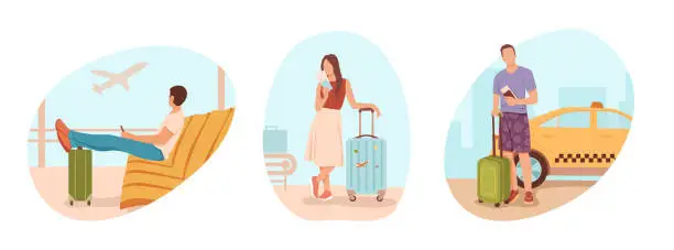 Vector illustration of Passengers in trip, waiting of transport and their arrival color set 2d vector graphic