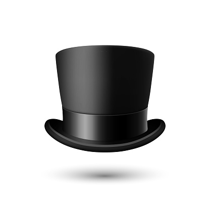 Vector 3d Realistic Black Top Hat with Black Ribbon Closeup Isolated on White Background. Classic Retro Vintage Top Hat, Vintage Gentlemans Mens Hat, Front View.
