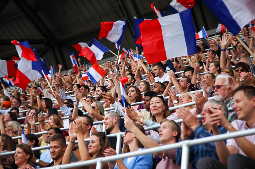 France colored flags waving above large crowd on a stadium sport match.