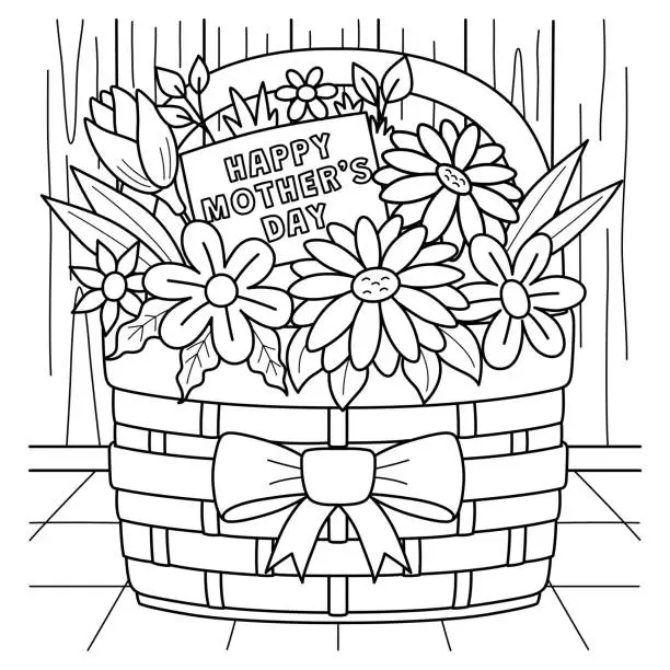 Vector illustration of Happy Mothers Day Flower Basket Coloring Page