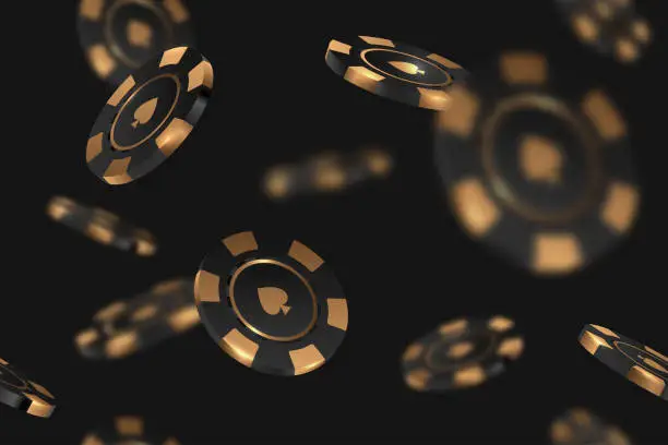 Vector illustration of Black gold casino chips falling seamless background isolated on black in different positions. Poker endless texture with falling golden defocused blur elements