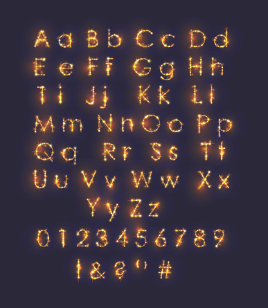 Golden shining alphabet, light effect letters. Shiny characters on a dark background. Flickering numbers, golden fire.