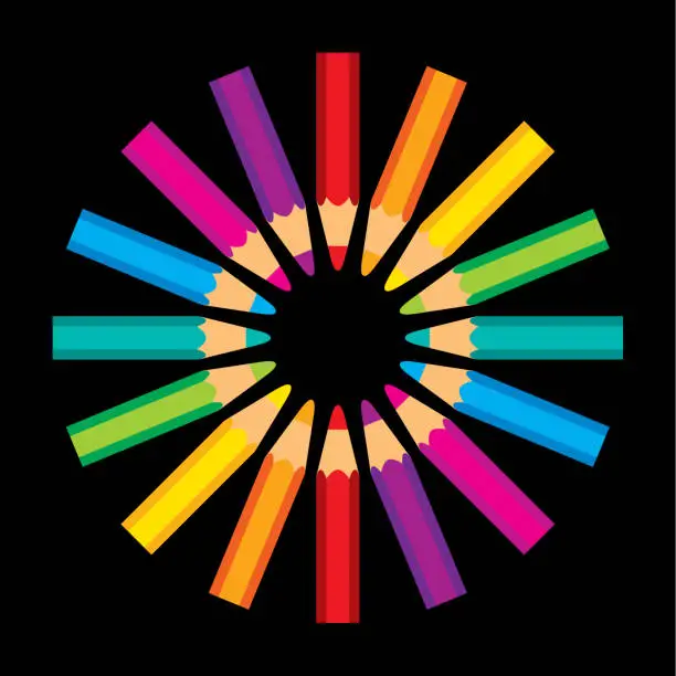 Vector illustration of Multicolor Pencils Circular Design on Black