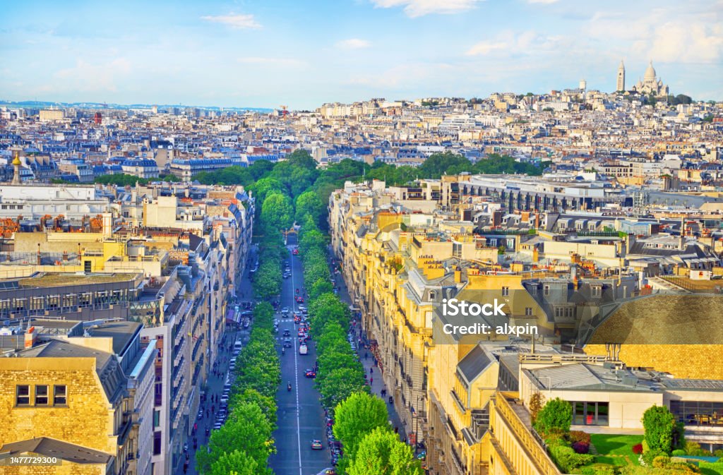 Cityscape of Paris Aerial view of Paris with Sacre-Cœur Basilica on background. Composite photo Montparnasse Stock Photo