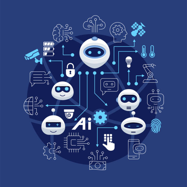 Chat bot, robot virtual assistance. Artificial intelligence. Chat bot, robot virtual assistance. Artificial intelligence. Chat bot icons, chatbot robots. Chat robot assistant for customer support. Concept of virtual consultant for receiving help and providing information. automation logo stock illustrations