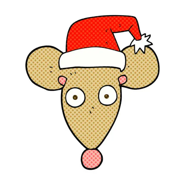 Vector illustration of freehand drawn cartoon mouse in christmas hat