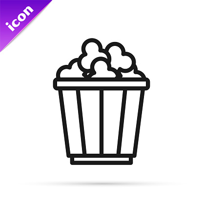 Black line Popcorn in cardboard box icon isolated on white background. Popcorn bucket box. Vector.