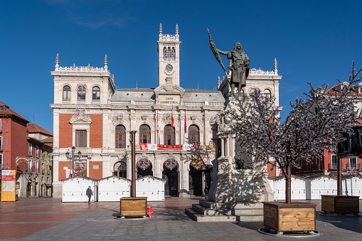 Valladolid, Spain - November 12 2022:  City center of Valladolid in Plaza Mayor Square. View of Townhall of Valladolid. Market set up for the winter celebrations. Travel destination  in central Spain