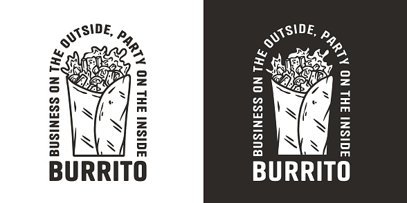 Burrito vector with meat and vegetable for logo or emblem. Traditional mexican fast food. Burritos latin food with tortilla, leaves lettuce, cheese, tomato, forcemeat, sauce.