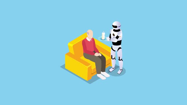 Robot help male elderly bringing with the milk 3d isometric