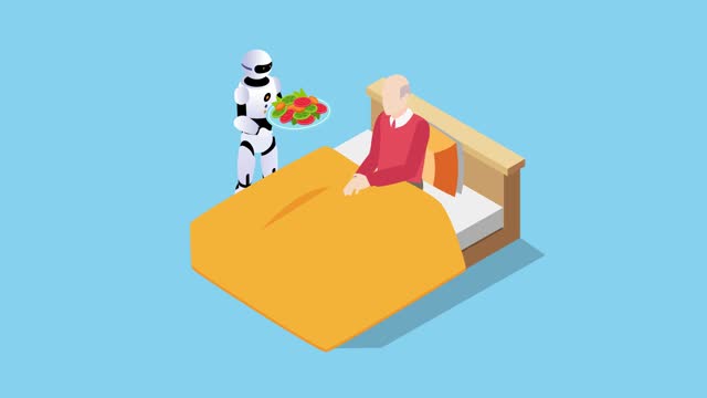 Robot helper bringing food to male elderly in bed 3d isometric