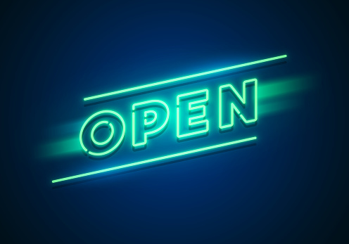 Green Shiny Neon Sign With Text Open