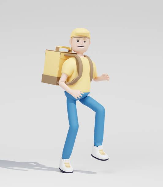 istock 3d render The courier in yellow uniform is walking slowly. 3d illustration. Cartoon character. Express delivery concept. 1477741212