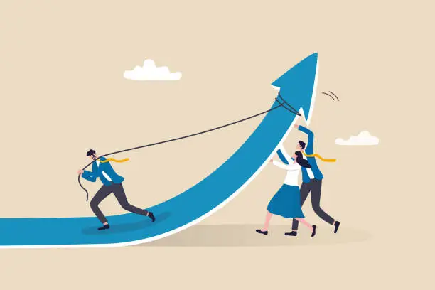 Vector illustration of Effort to improve and grow business, teamwork or team collaboration to help pushing company to success, career growth or growing company concept, business people team help pushing arrow rising up.