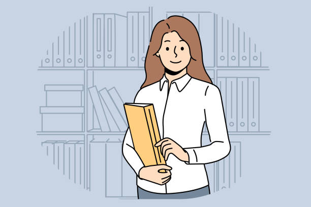 Smiling businesswoman with folder posing in office Smiling businesswoman hold folder in hands posing on office. Woman lawyer or manager stand near bookshelf with official documents. Vector illustration. organized bookshelf stock illustrations
