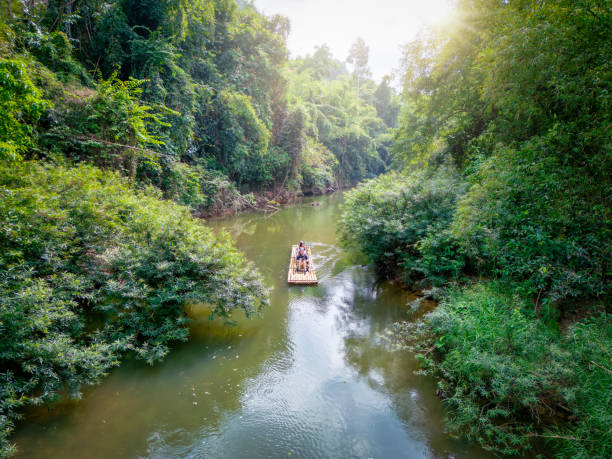 A  couple on a bamboo float adventure in the Khao Sok national park A tourist couple on a bamboo float at a river cruise adventure in the Khao Sok national park, Thailand kao sok national park stock pictures, royalty-free photos & images