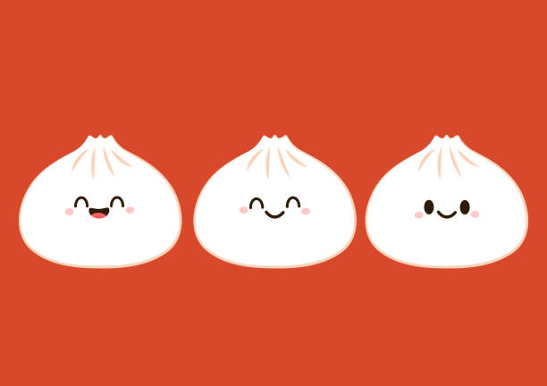 niedlicher dim-sum-charakter, traditionelle chinesische knödel, mit lustig lächelnden gesichtern. kawaii asiatischer lebensmittelvektor. - baozi stock-grafiken, -clipart, -cartoons und -symbole