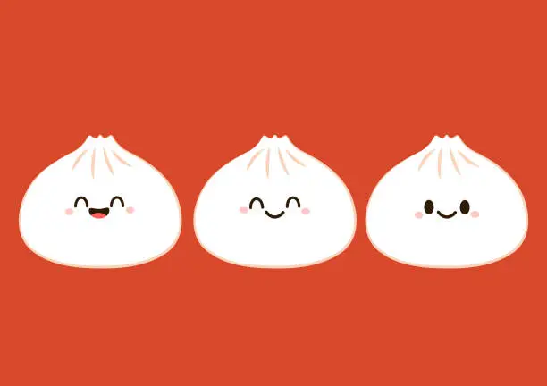 Vector illustration of Cute Dim sum character, traditional Chinese dumplings, with funny smiling faces. Kawaii Asian food vector.