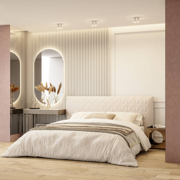 istock Modern bedroom interior design. Luxury home bedroom with empty white wall background. 1477746185