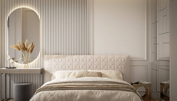 istock Modern bedroom interior design. Luxury home bedroom with empty white wall background. 1477746187