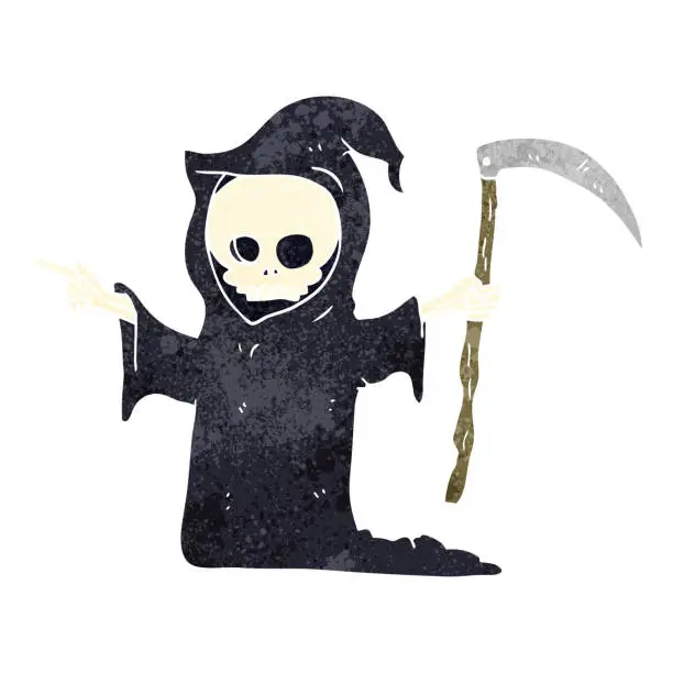 Vector illustration of freehand retro cartoon death with scythe