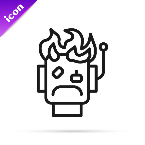 illustrations, cliparts, dessins animés et icônes de icône de robot de ligne noire brûlée isolée sur fond blanc. vecteur - computer icon black and white flame symbol