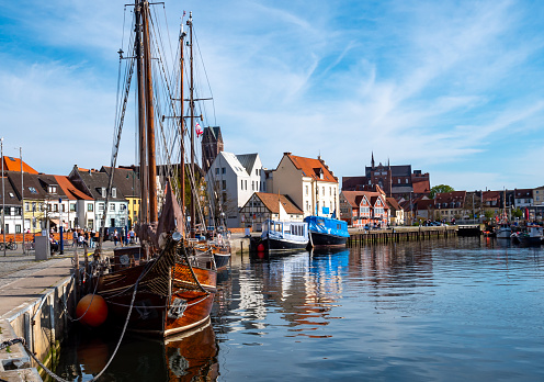 Ronne, Denmark - 3rd June, 2022: View on a harbor in Rønne city. Rønne is the largest town on the Danish island of Bornholm in the Baltic Sea.