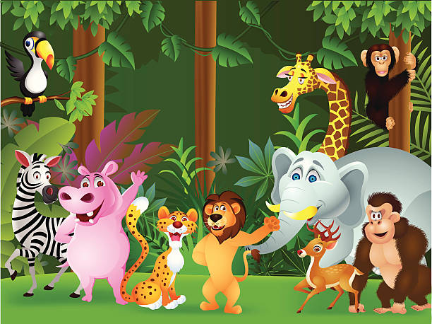 zwierzę kreskówka, - tropical rainforest animal cartoon lion stock illustrations