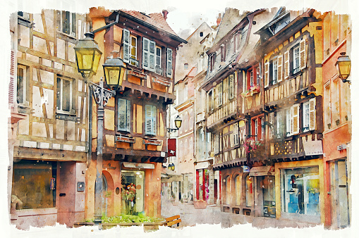 Narrow street with colorful medieval buildings in Colmar, Alsace, France. Watercolor painting.