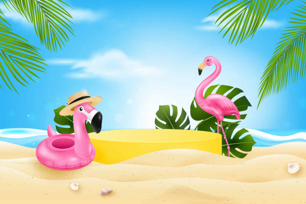istock Stage podium for product display in sandy summer beach background with pink flamingo birds 1477756030