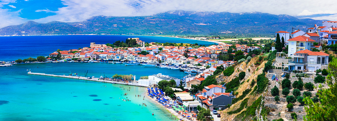 Best of Greece - scenic Samos island. Beautiful Pythagorion town, view of port and beach. Eastern Aegean