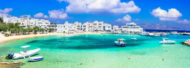 Photo of Greece holidays, Cyclades, Paros island best beaches and sea. Scenic tranquil coastal village Piso Livadi with turquoise sea