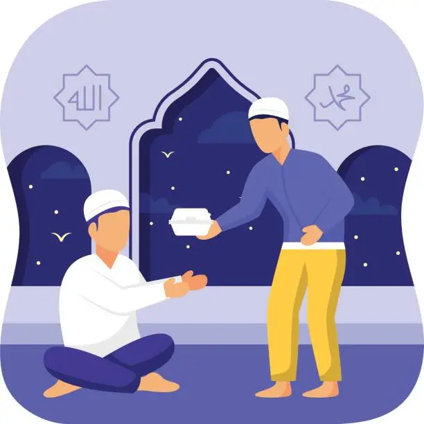 Vector illustration of Feeding to Needy People concept, Food Donation or tabarruk vector icon Design, Ramazan and Eid al-Fitr Symbol, Islamic and Muslims fasting Sign, Arabic holidays celebration stock illustration