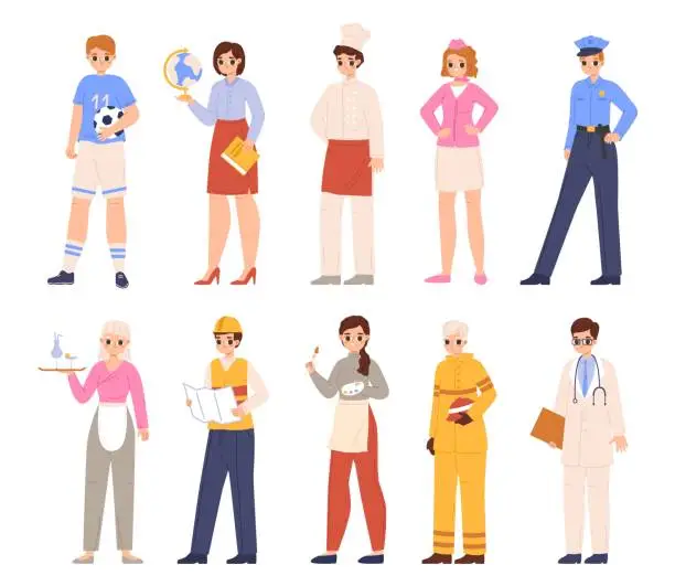 Vector illustration of Various professions characters, doctor and construction, essential workers. Young adults in uniforms, different occupations. Cartoon snugly vector people