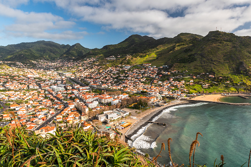Panoramic cityscape of Machico in Madeira, Portugal island on Atlantic Ocean.