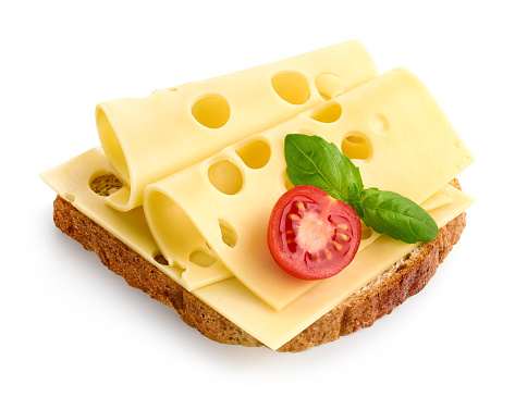 Bread toast sandwich with Maasdam cheese slices and cherry tomato isolated on white background