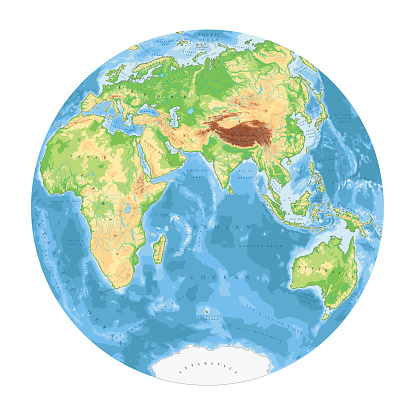 Highly detailed physical World Map in globe shape of Earth. Nicolosi globular projection – flat.